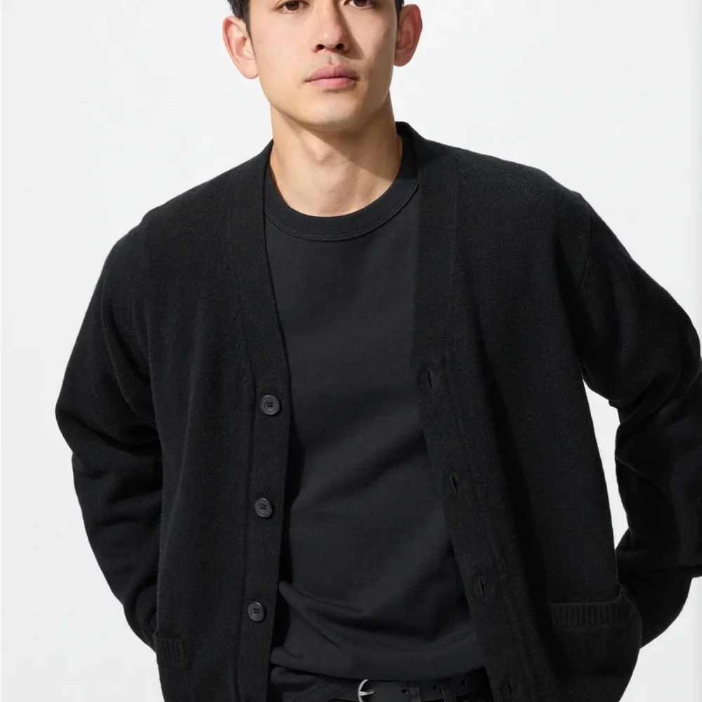 Unisex Uniqlo Lambs Wool Black Japan Cardigan Button Sweater V Neck US L Large